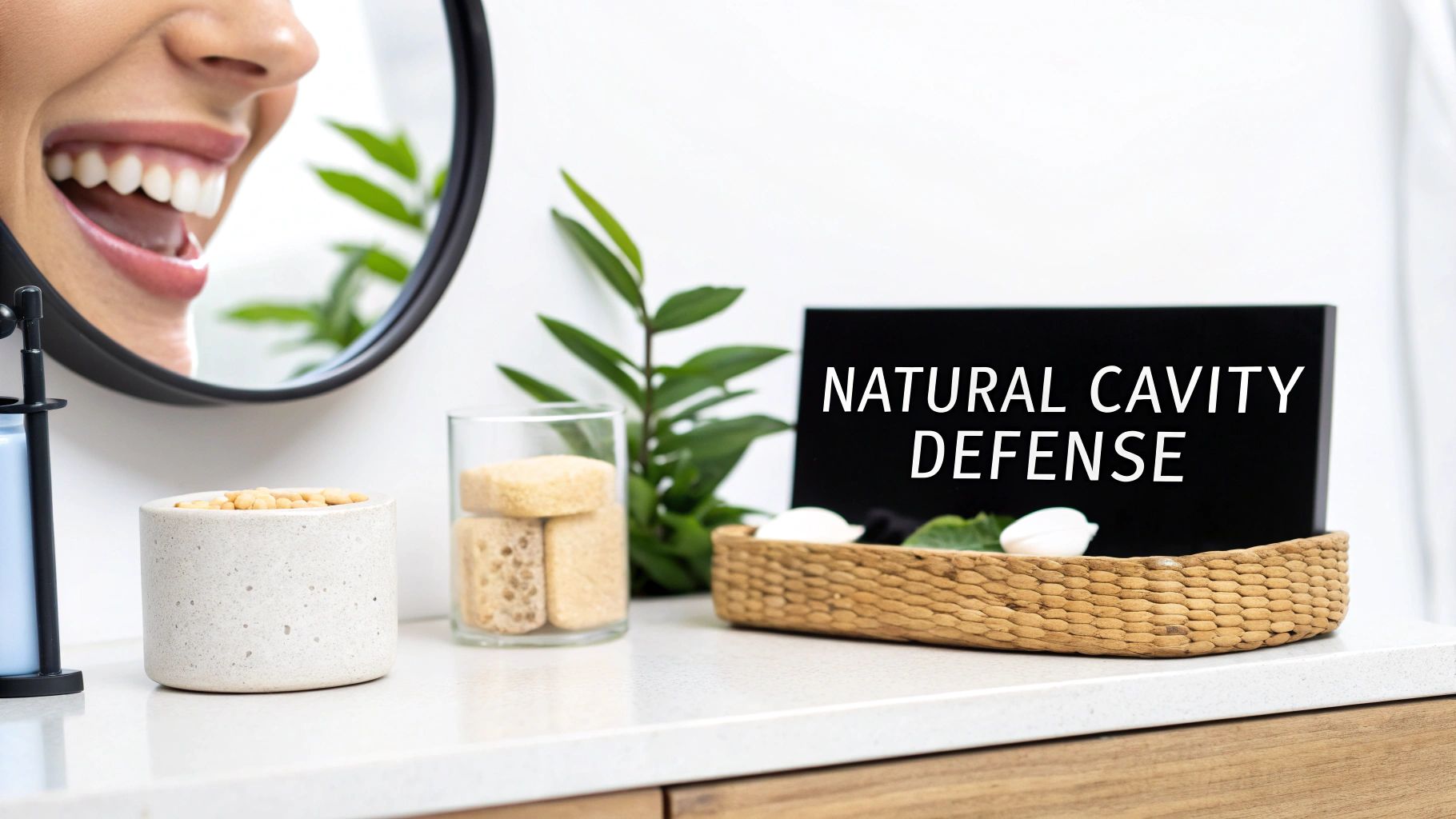 Woman smiling with healthy white teeth next to natural cavity defense dental care products