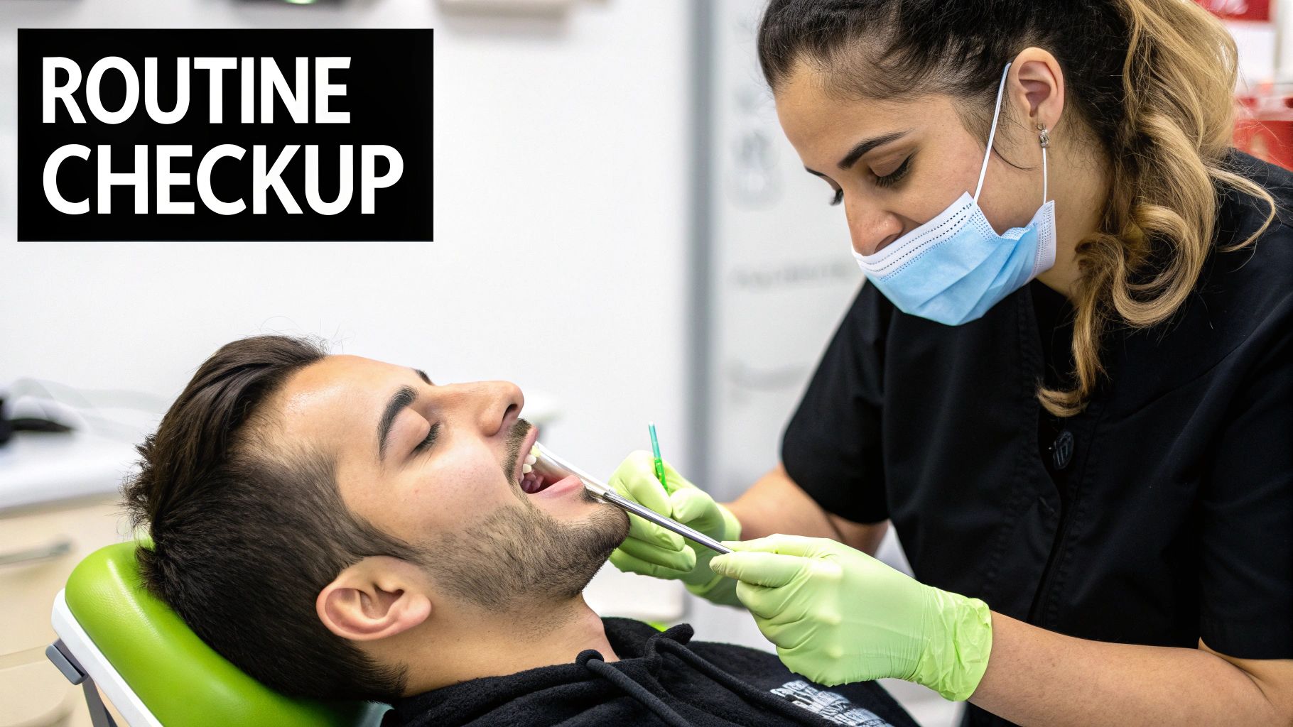A dental professional in a mask and gloves performs a routine checkup on a male patient.