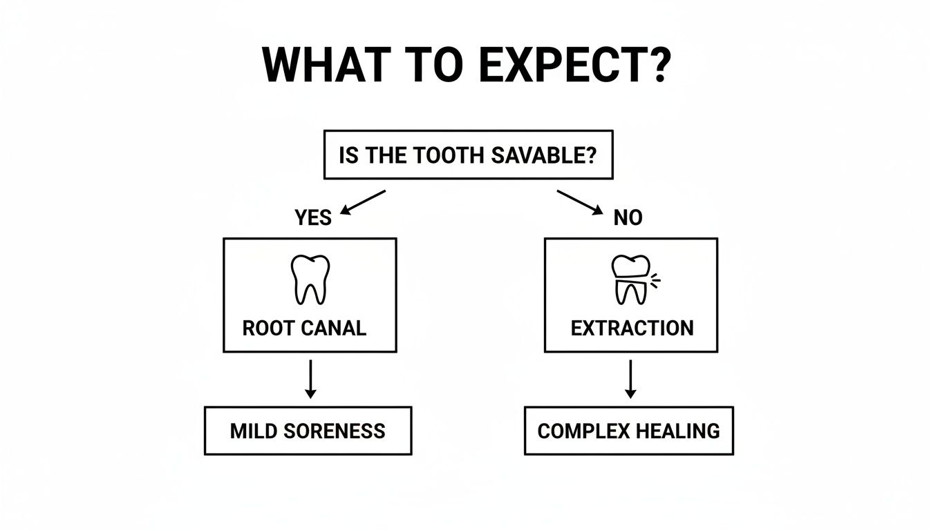Flowchart illustrating dental treatment decisions: root canal for savable teeth or extraction, and their post-procedure expectations.