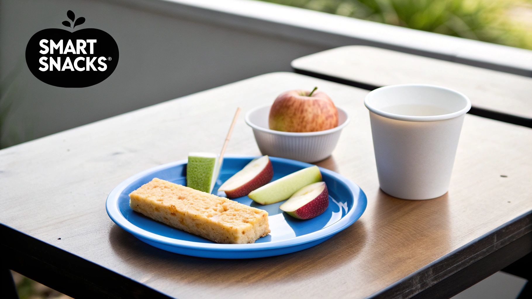 A Smart Snacks meal with an apple, apple slices, a pastry bar, and water on a wooden table.