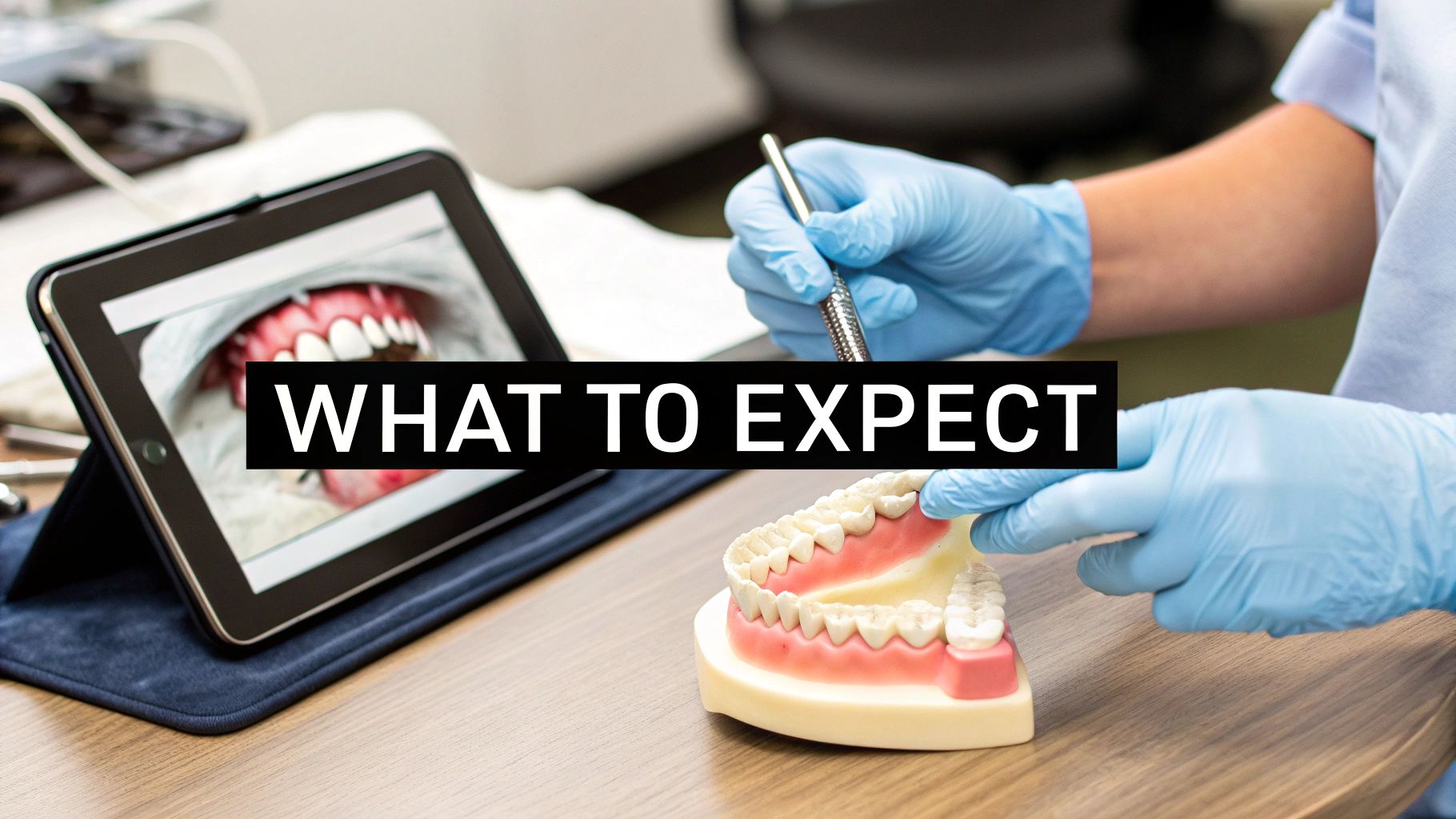A dental professional explains a procedure using a tablet displaying a mouth and a teeth model, with text 'WHAT TO EXPECT'.