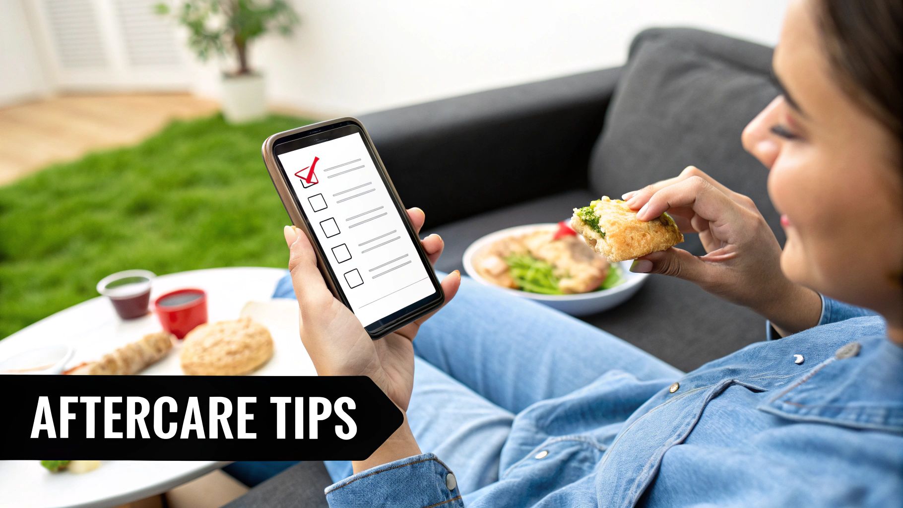 A person relaxes on a sofa, eating food and viewing aftercare tips on a smartphone checklist.
