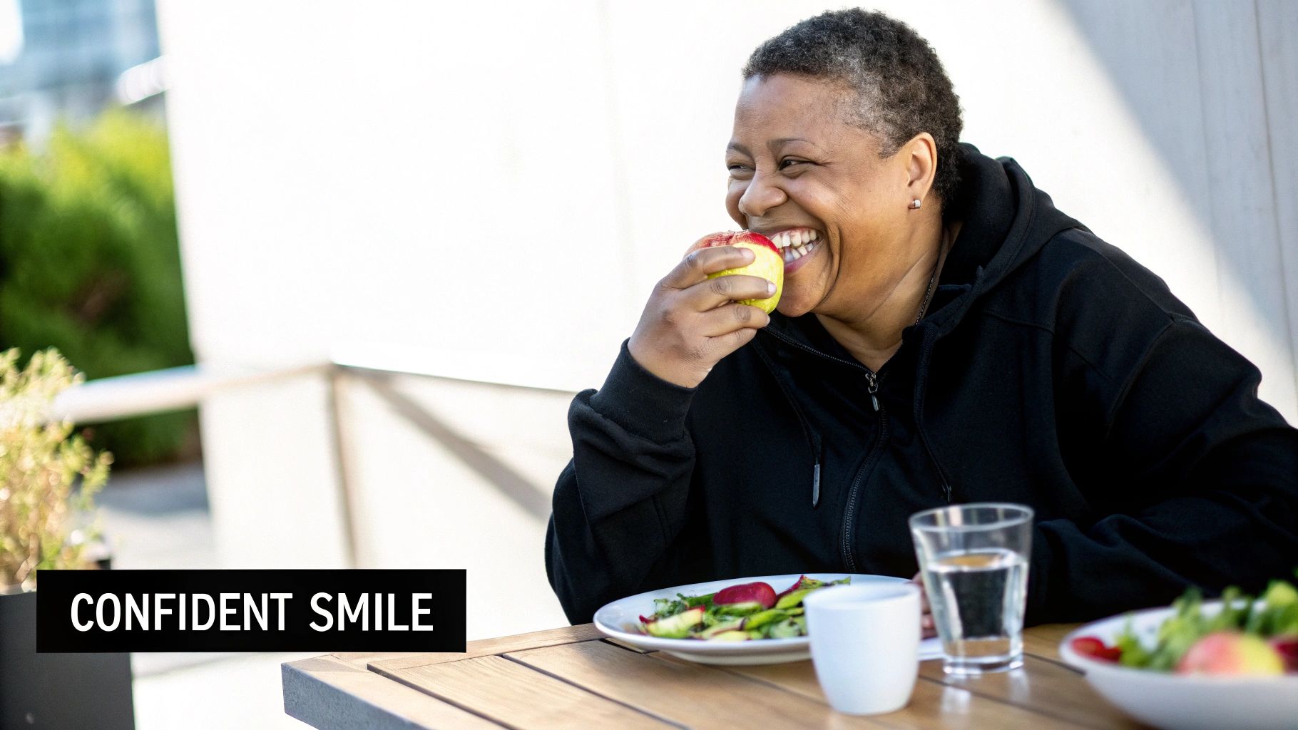 A person with a confident smile joyfully eats a red apple at an outdoor table with a healthy meal.