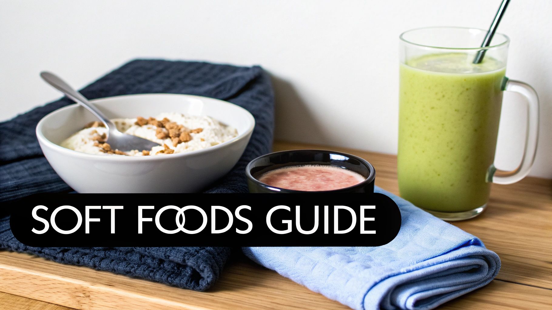 A bowl of creamy soft food, a small pink dish, and a refreshing green smoothie.