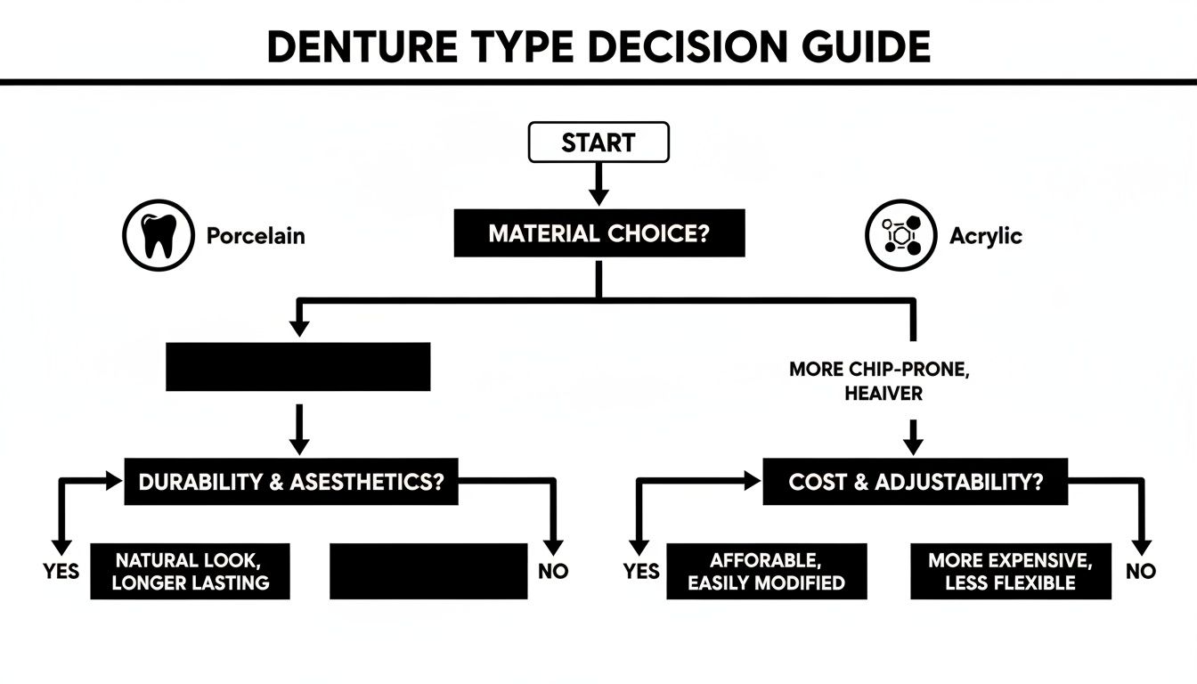 Denture Type Decision Guide flowchart comparing porcelain and acrylic materials for dental prosthetics, highlighting their characteristics.