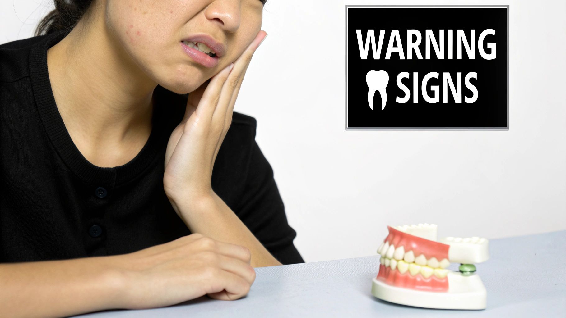 A person grimaces and holds their jaw due to tooth pain, next to a dental model and a 'WARNING SIGNS' sign.