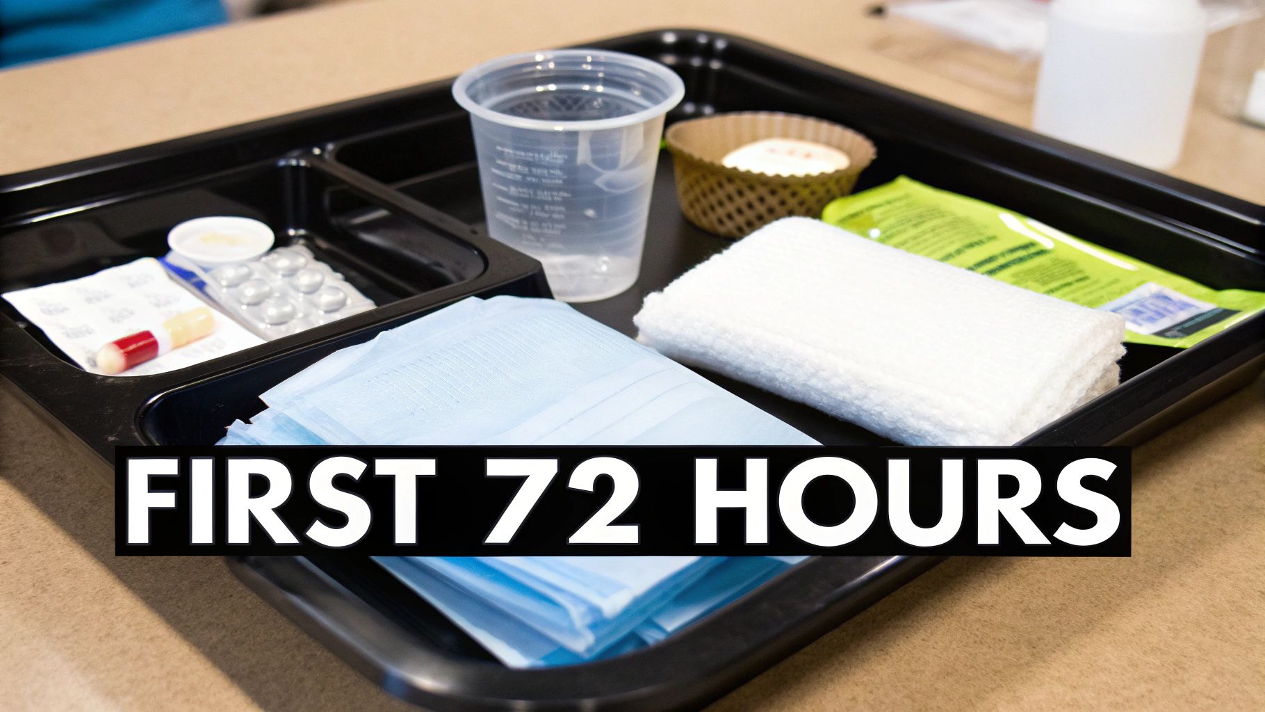A black medical tray holds a plastic cup, pills, white towel, and blue pads, labeled "FIRST 72 HOURS".