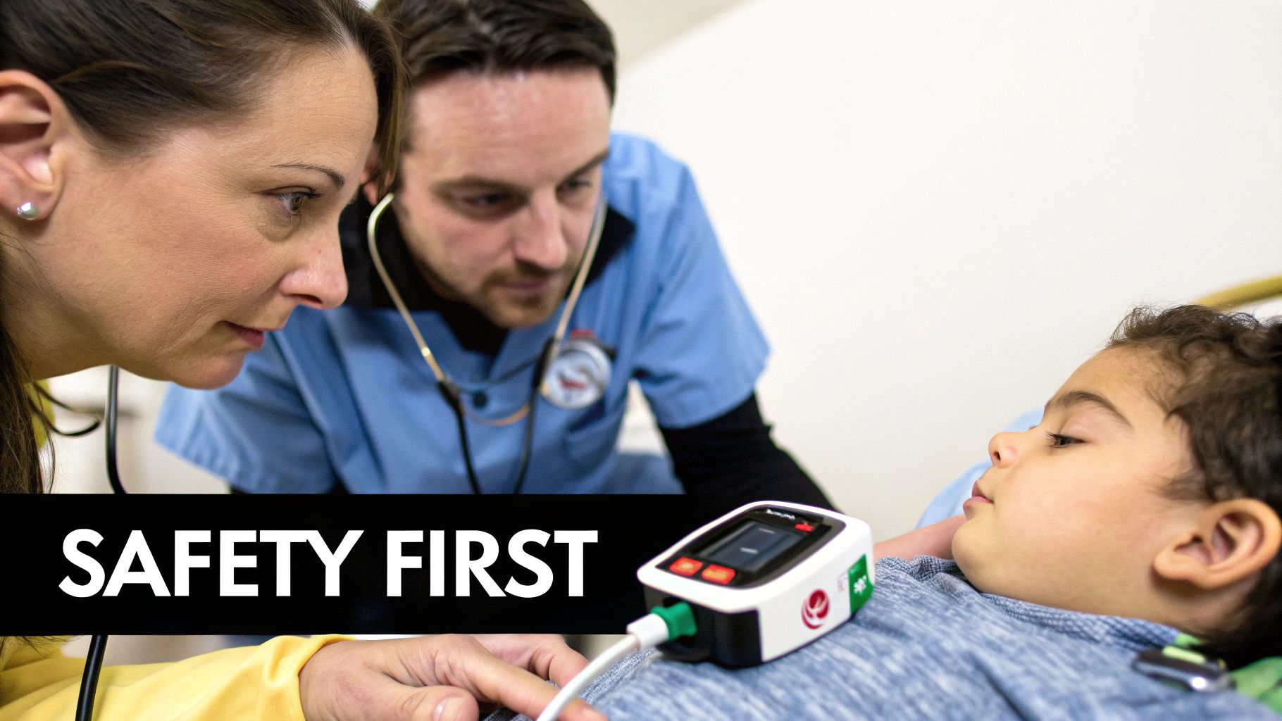 Two medical professionals observe a calm child connected to a monitoring device, with a 'Safety First' message.