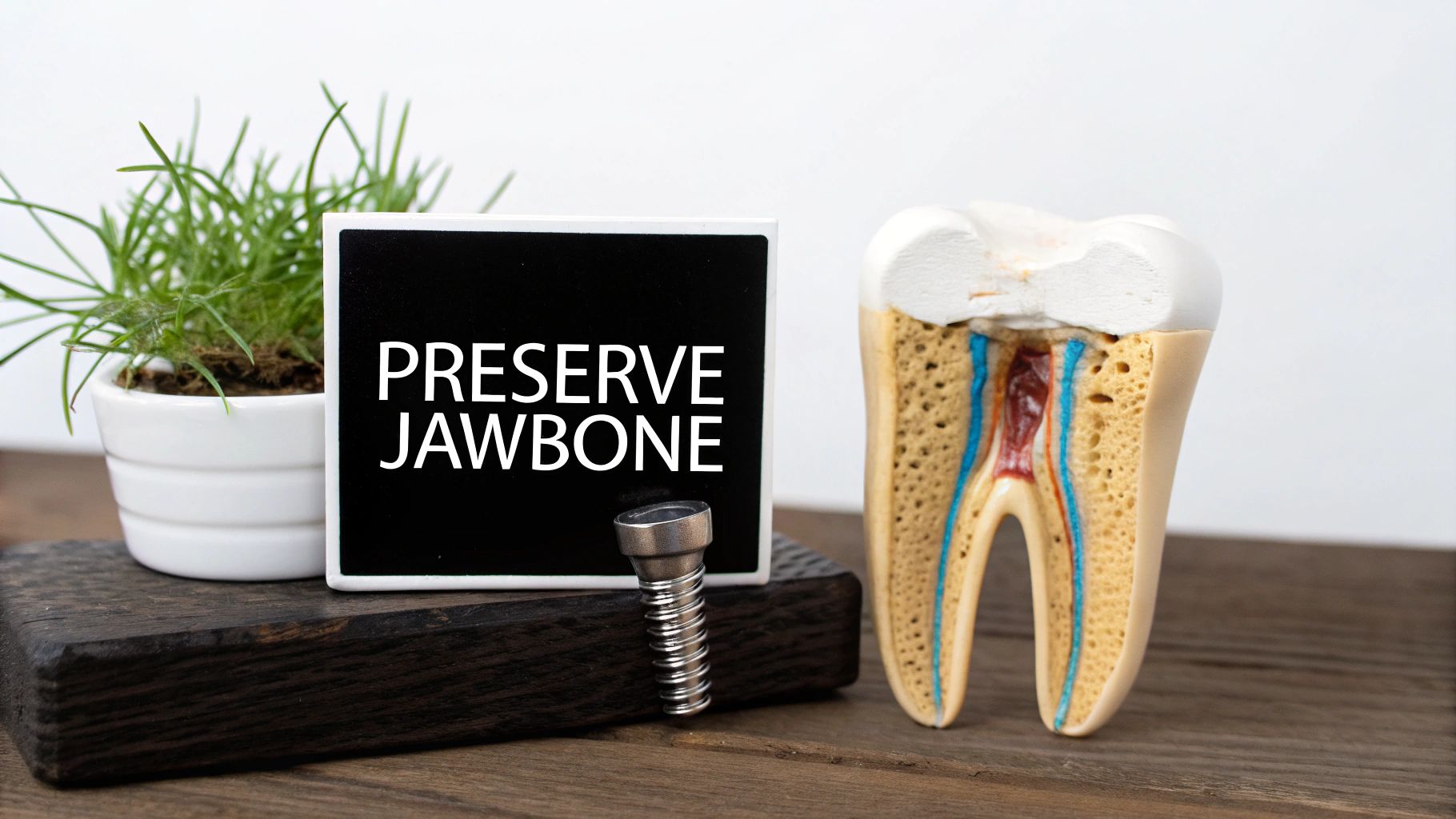 A dental model of a tooth, an implant screw, and a sign reading 'PRESERVE JAWBONE'.