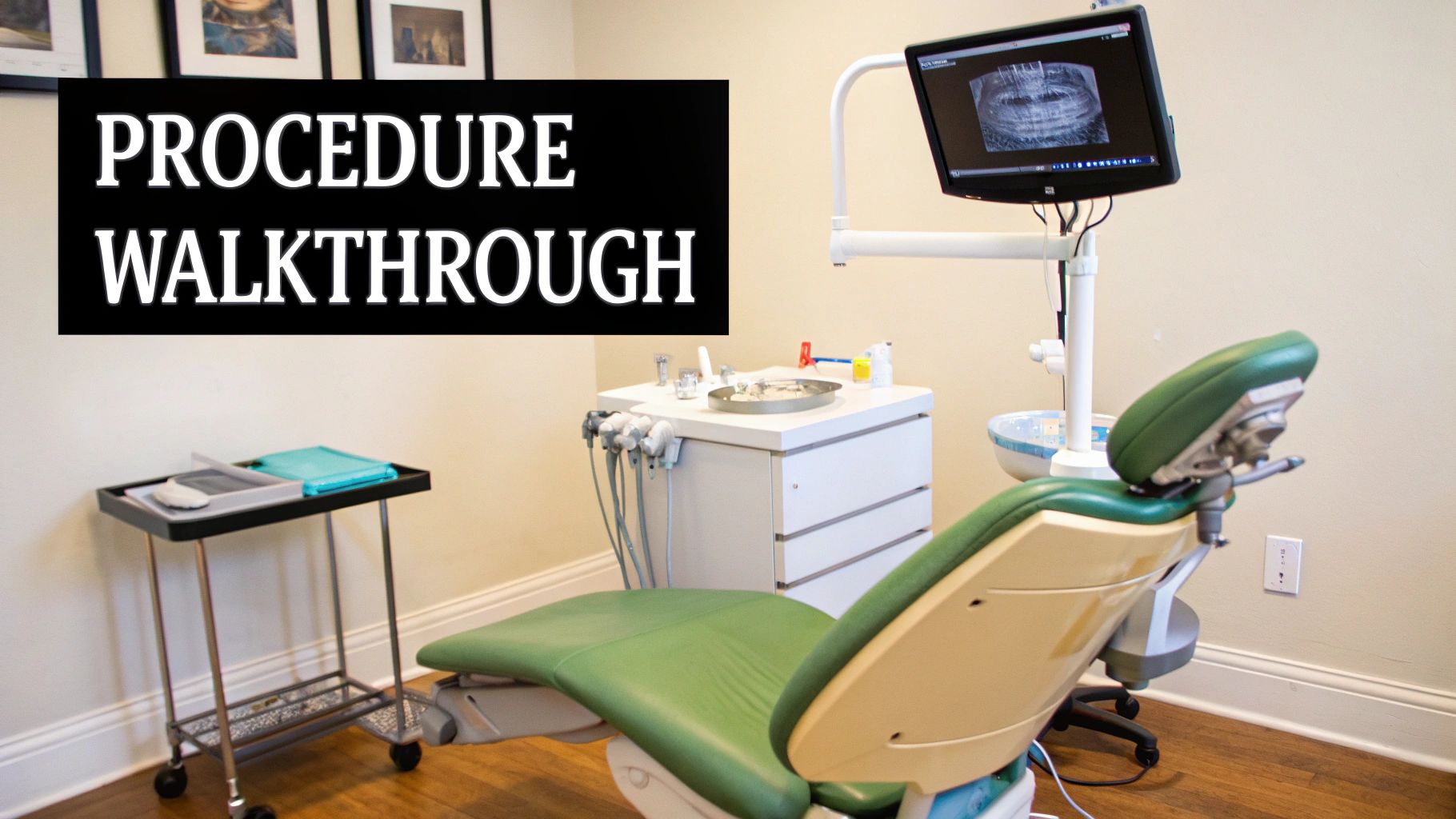 A modern dental examination room with a green dental chair, medical equipment, and a monitor displaying a dental scan.