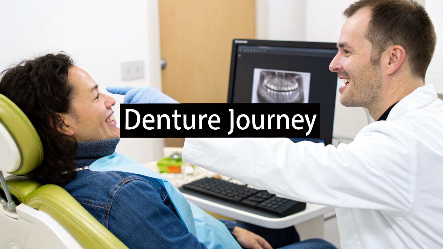 Smiling dentist and patient in a clinic, discussing dentures with an X-ray on screen.