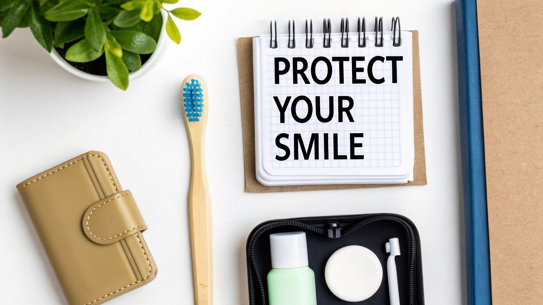 A flat lay of dental hygiene items including a wooden toothbrush and a notebook with 'PROTECT YOUR SMILE' text.