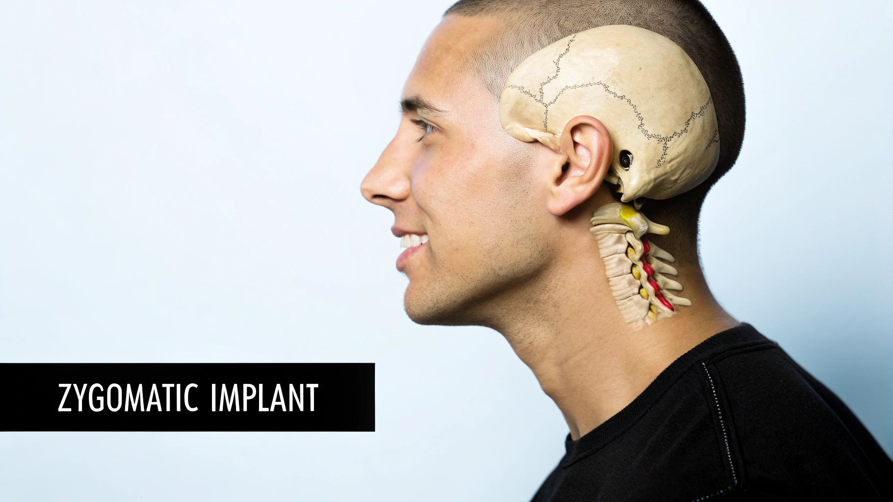 Side profile of a smiling person with an overlaid skull and spine model, highlighting 'Zygomatic Implant' text.
