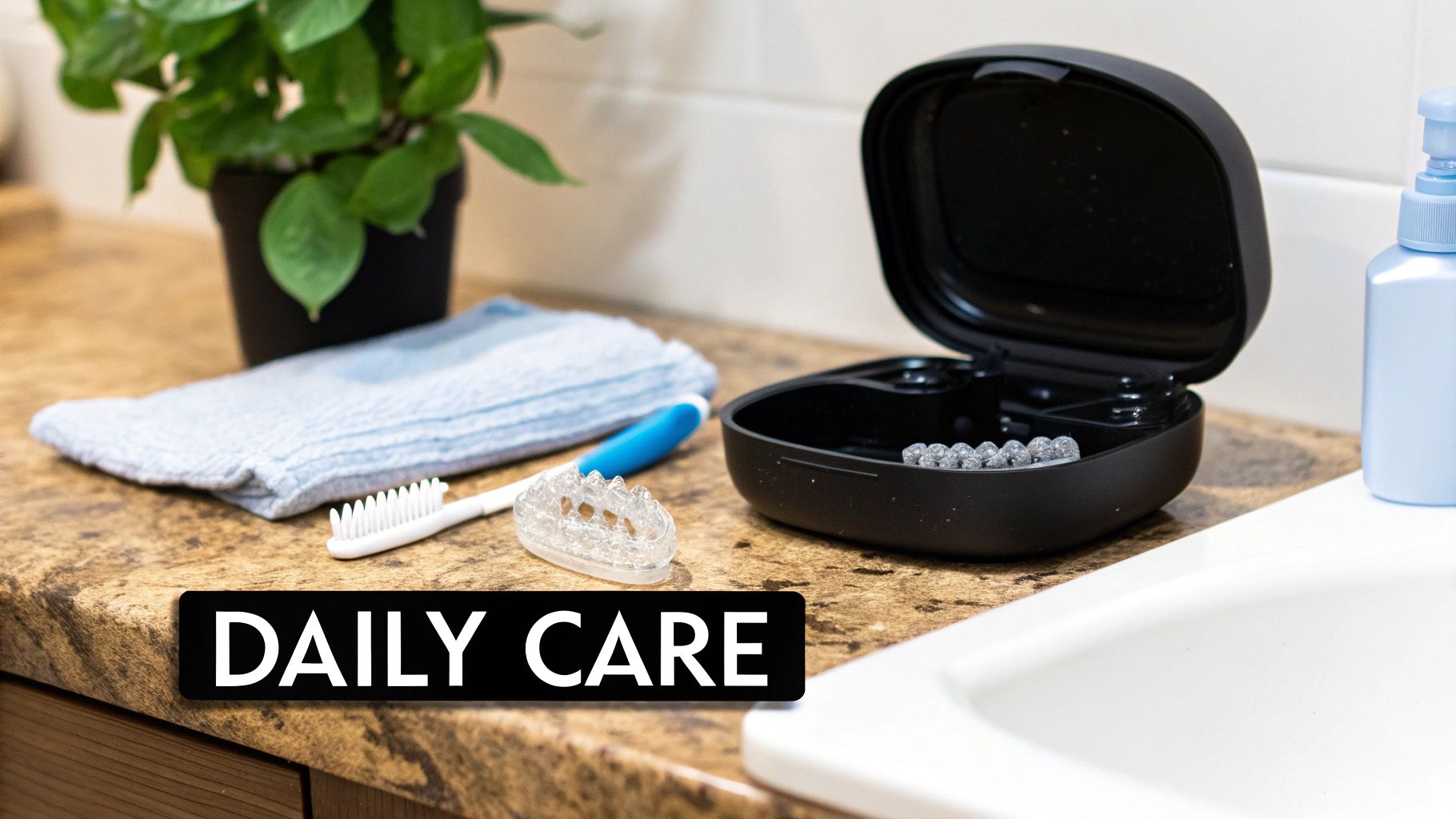 Daily dental care items on a bathroom counter: aligner, toothbrush, case, and cleanser.