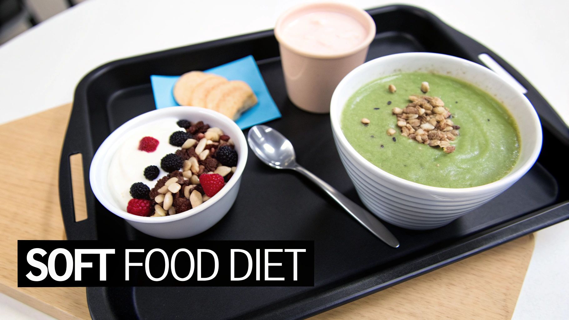 Soft food diet meal tray with green soup, yogurt with berries, and beverage for post-surgery recovery