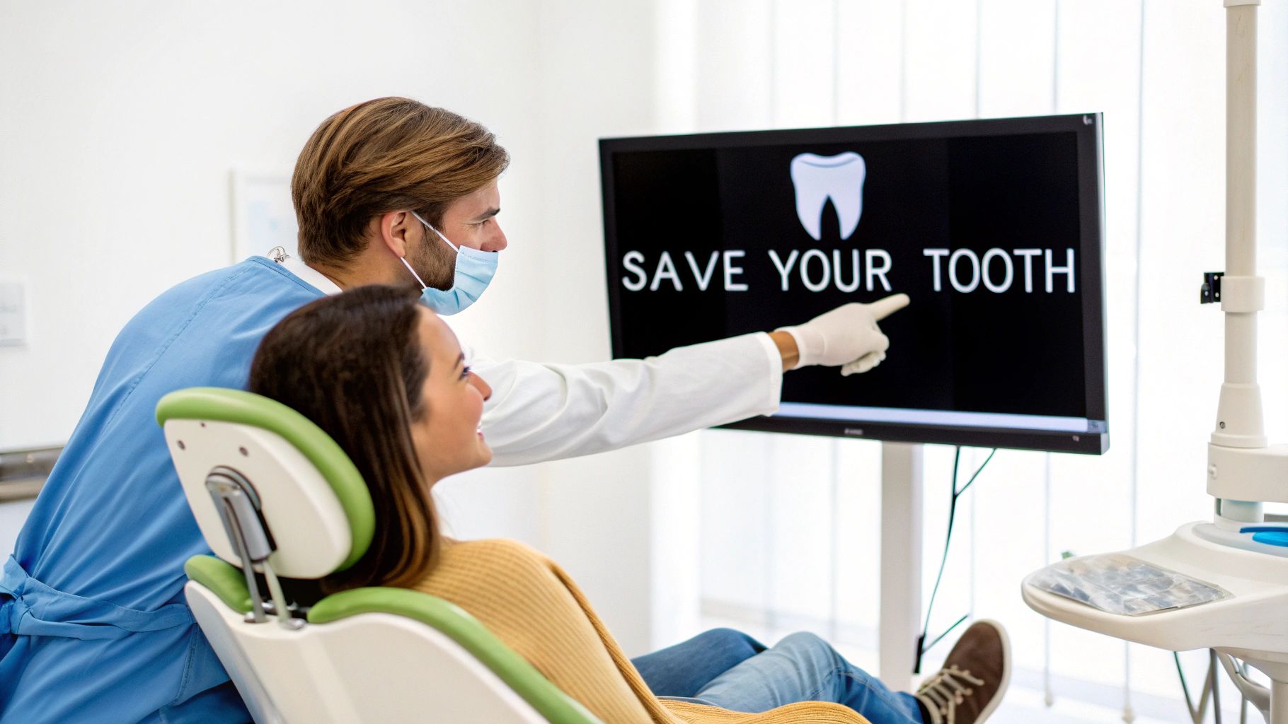 Dentist showing "SAVE YOUR TOOTH" on a monitor to a smiling female patient in a dental chair.