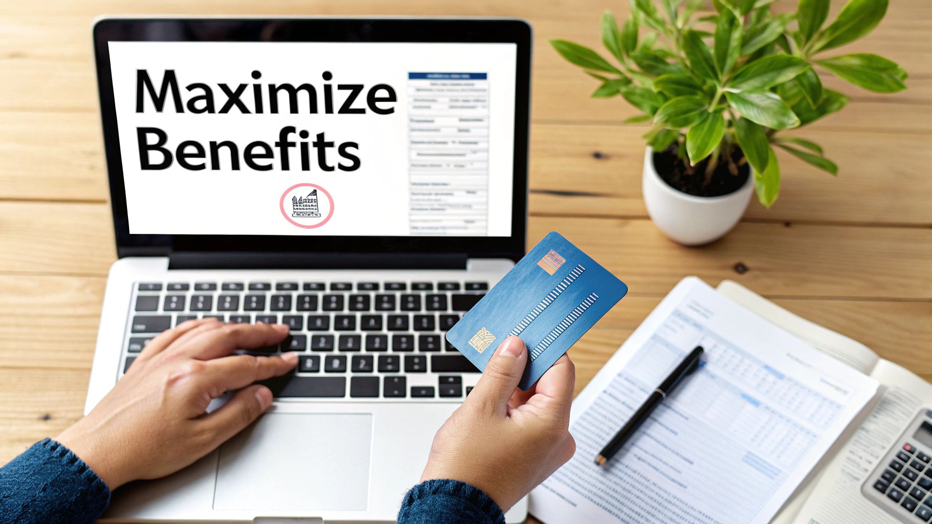 Person using a laptop displaying 'Maximize Benefits' while holding a credit card, with financial documents on a wooden desk.