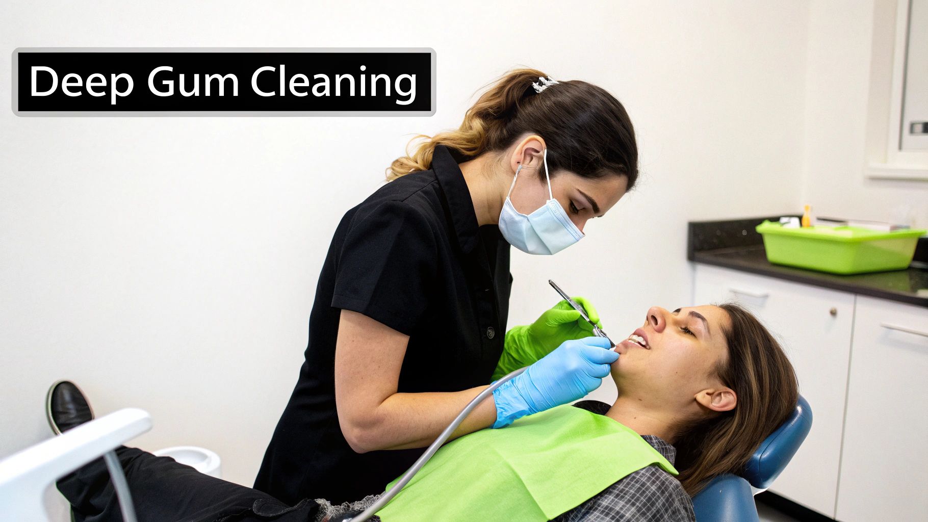 A dental professional in a mask and gloves performs a deep gum cleaning on a patient.