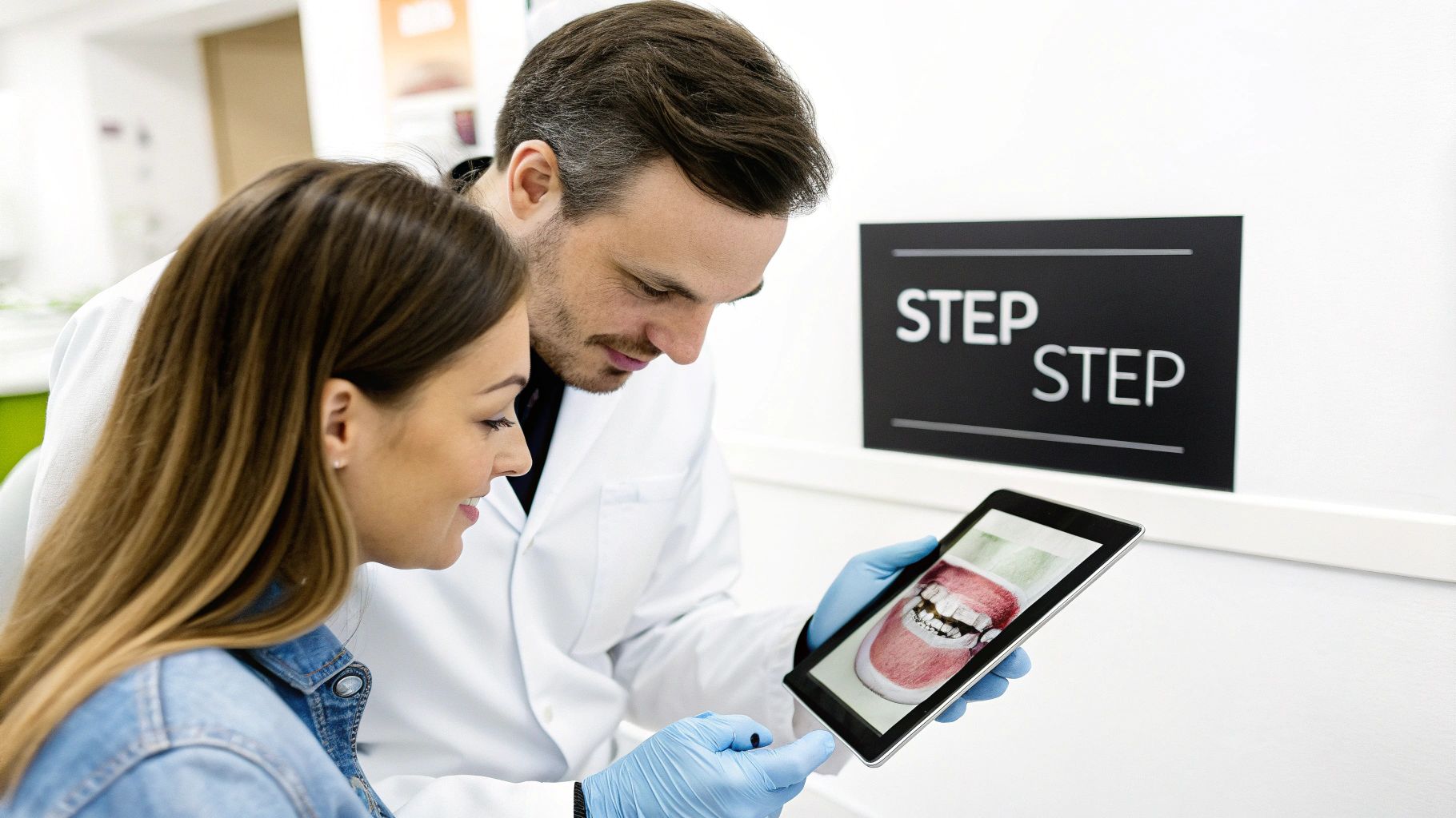 A dentist shows a female patient an image of teeth with braces on a tablet during a consultation.