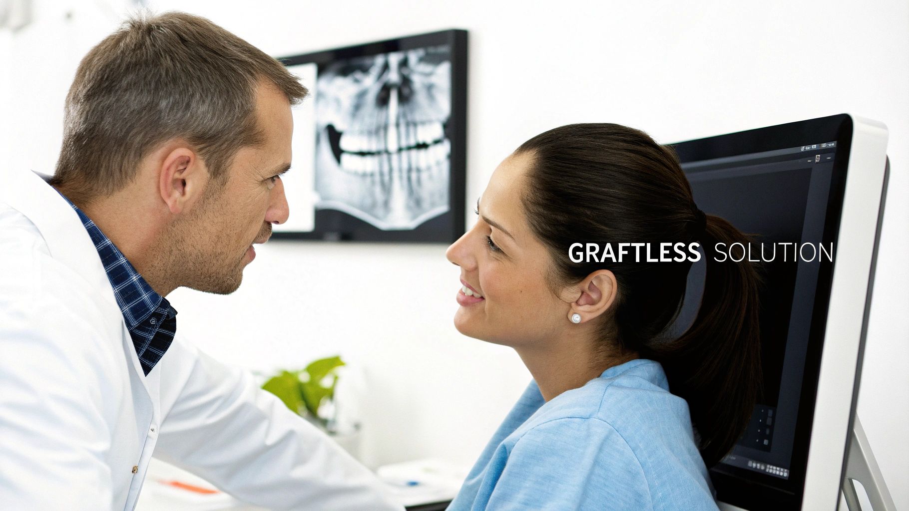 A male doctor consults a smiling female patient in a dental office, with an X-ray and 'Graftless Solution' text.