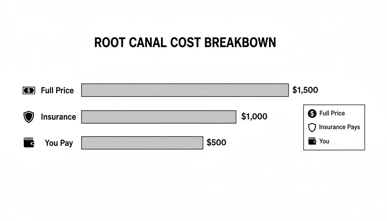 Root canal cost breakdown showing full price of $1,500, insurance paying $1,000, and patient paying $500.