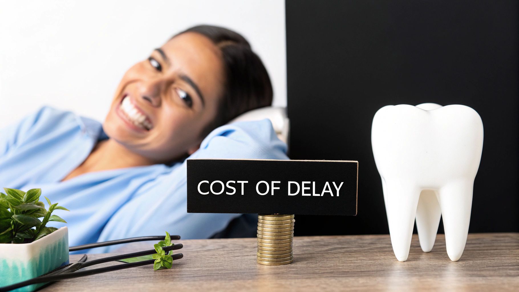 Smiling person behind a sign saying 'COST OF DELAY' on stacked coins, beside a large white tooth model.