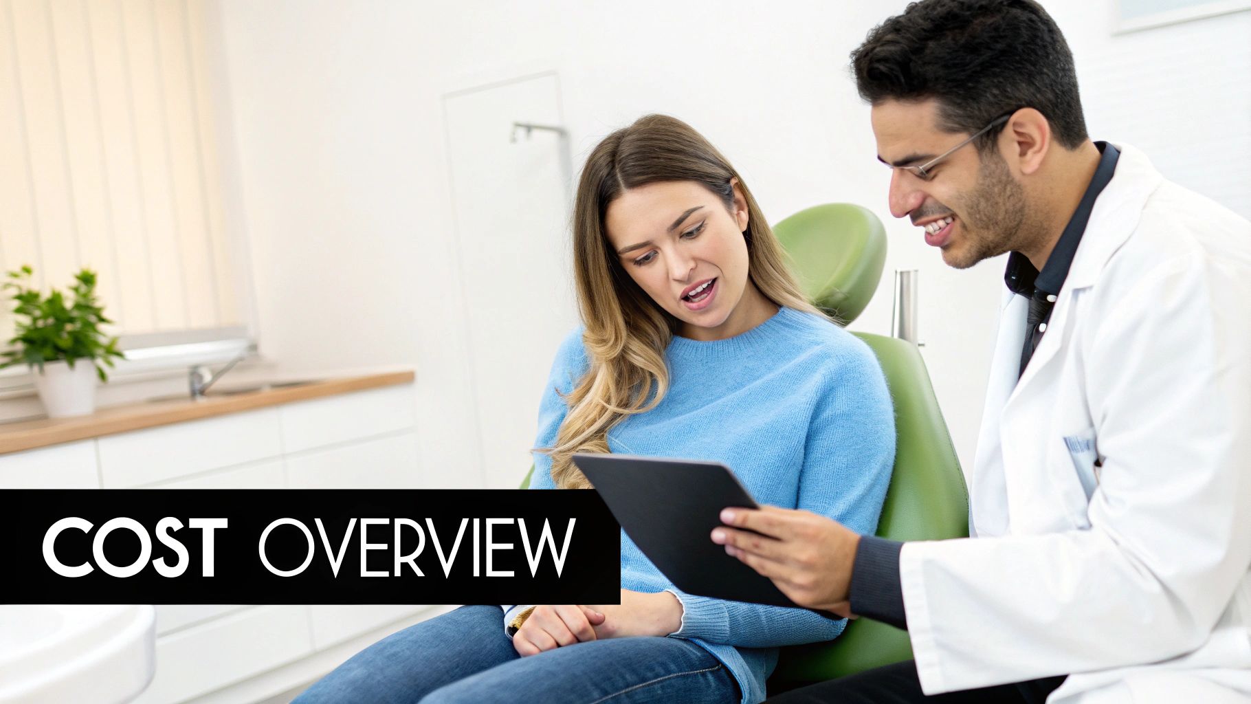 A dentist shows a female patient information on a tablet, discussing treatment costs in a modern clinic.