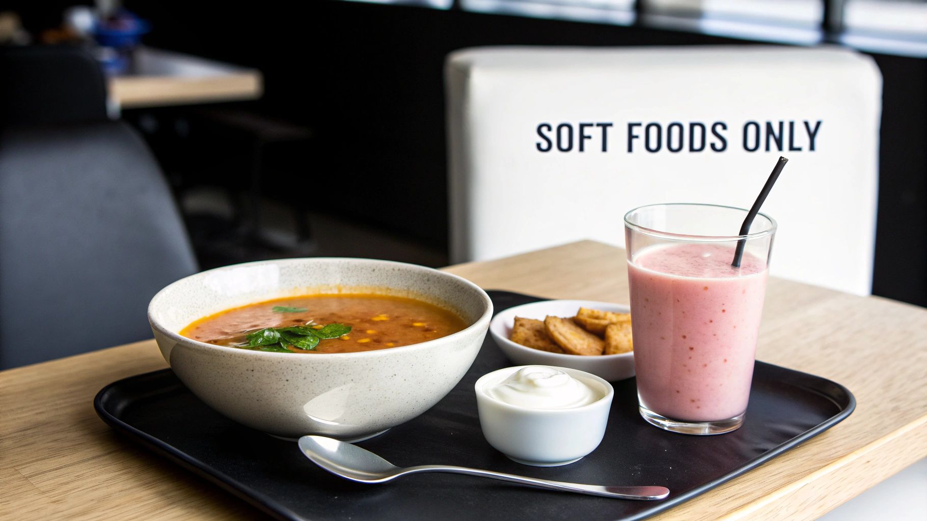 A soft food meal with soup, a pink smoothie, cream, and croutons on a tray, near a "SOFT FOODS ONLY" sign.