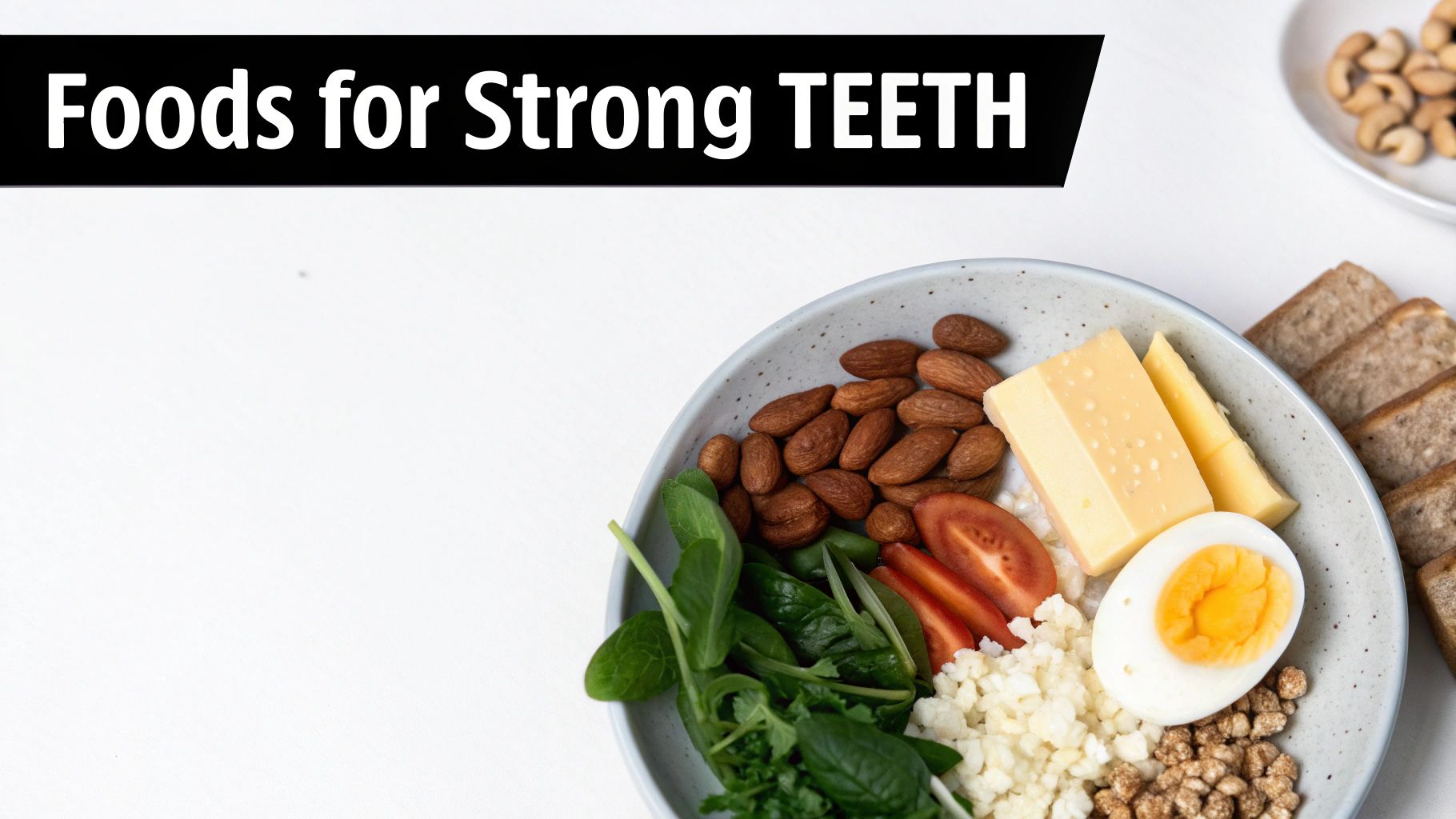 Nutritious bowl with almonds, cheese, eggs, spinach, and tomatoes for maintaining strong healthy teeth