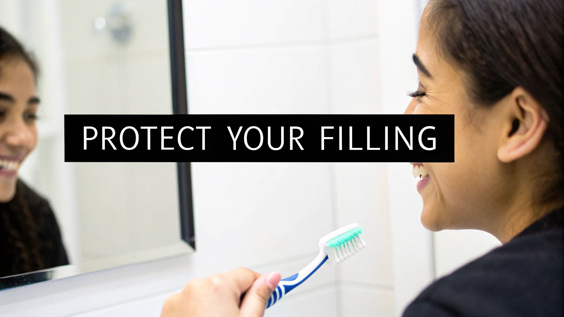 A smiling woman holding a toothbrush in front of a mirror, with text 'PROTECT YOUR FILLING' overlay.