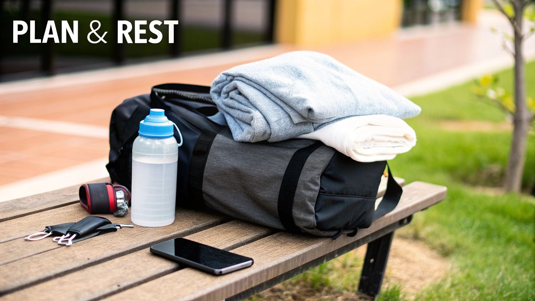 A gym bag with workout clothes, water bottle, and phone resting on a wooden bench outdoors.