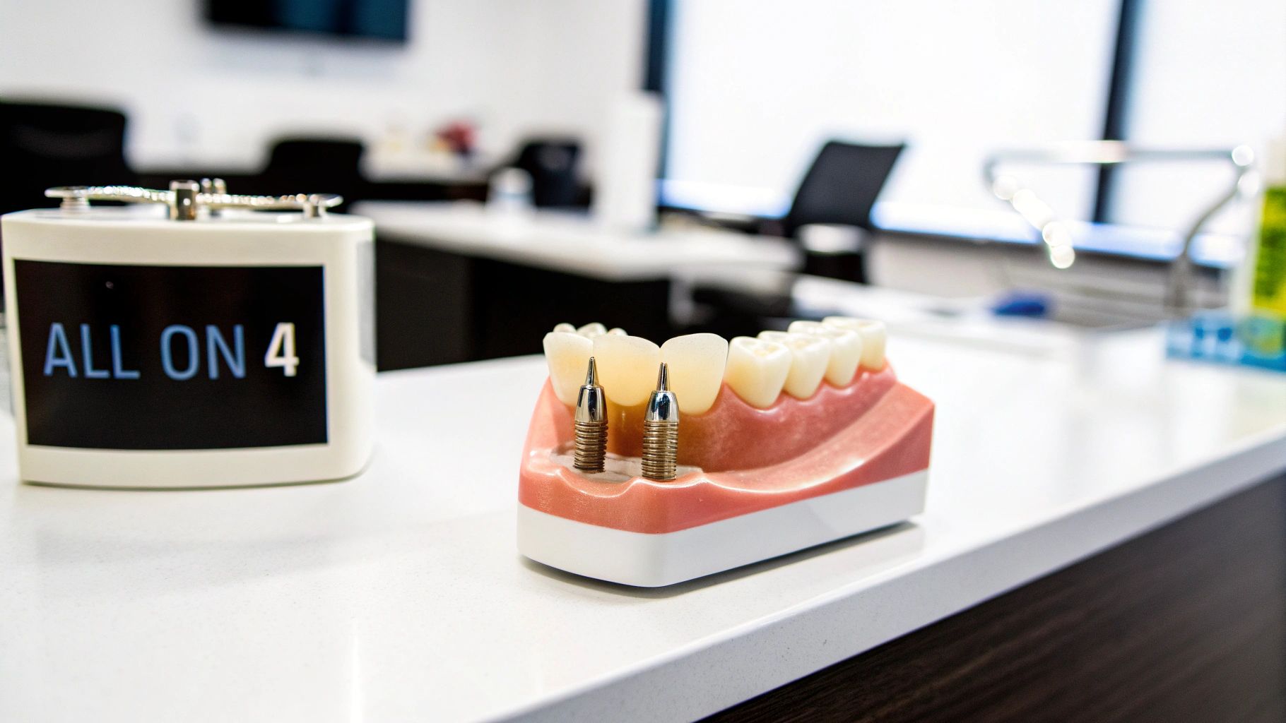 A dental model demonstrating All-on-4 implants and abutments on a white counter in a clinic.