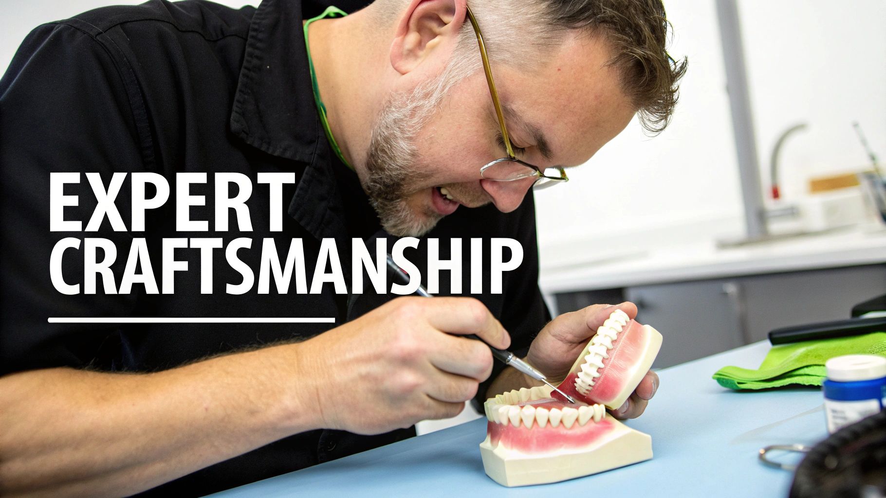 A male dental technician in glasses meticulously works on a set of dental models with a tool, showcasing expert craftsmanship.