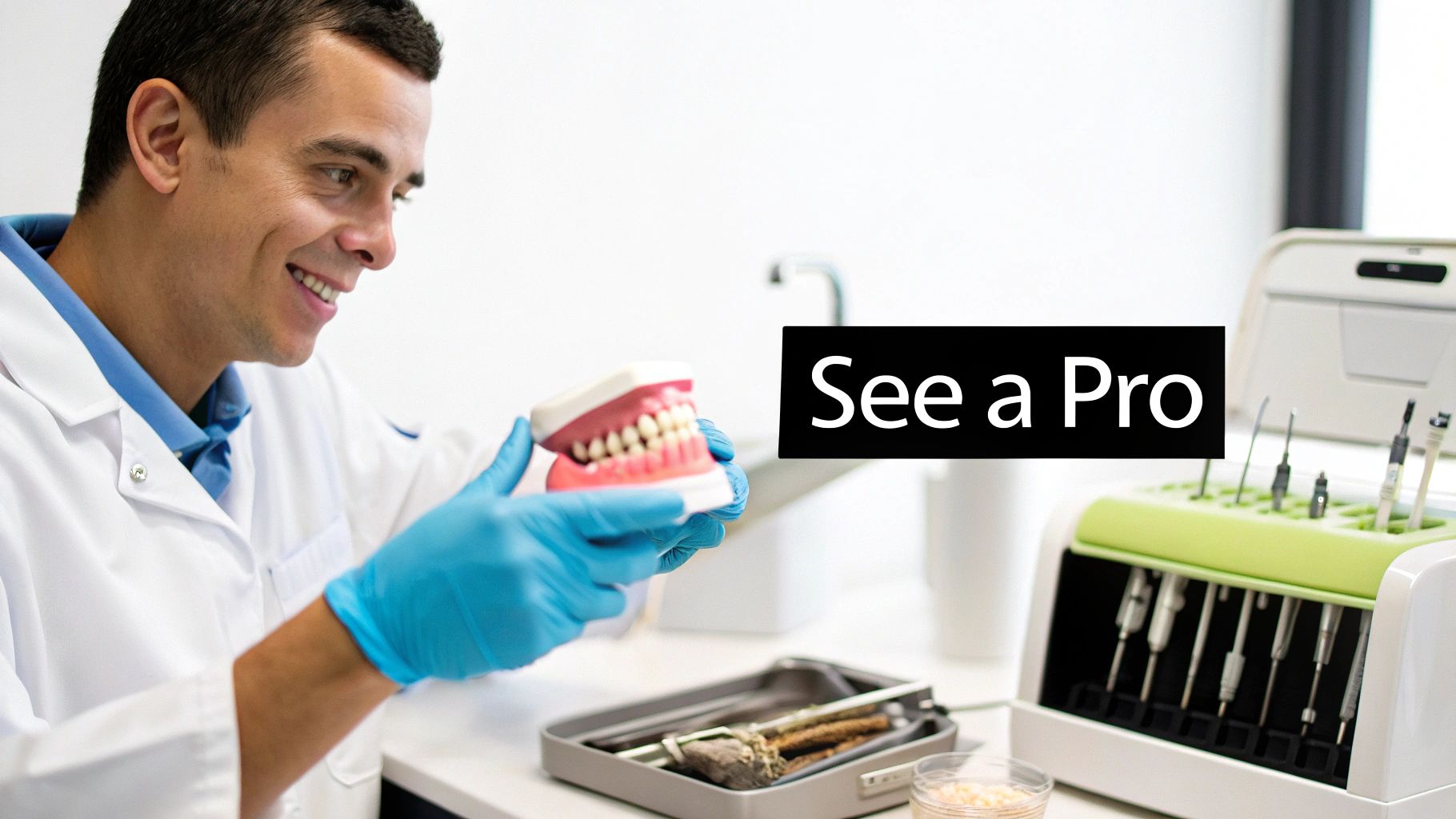 A smiling dental professional in a white lab coat and blue gloves holds a model of healthy teeth, with dental tools in the background.