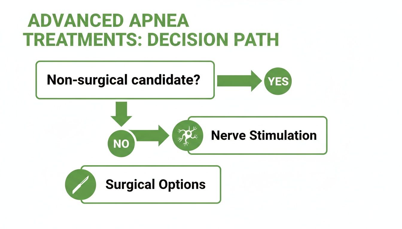 Decision path for advanced apnea treatments, outlining choices between non-surgical, nerve stimulation, and surgical options.