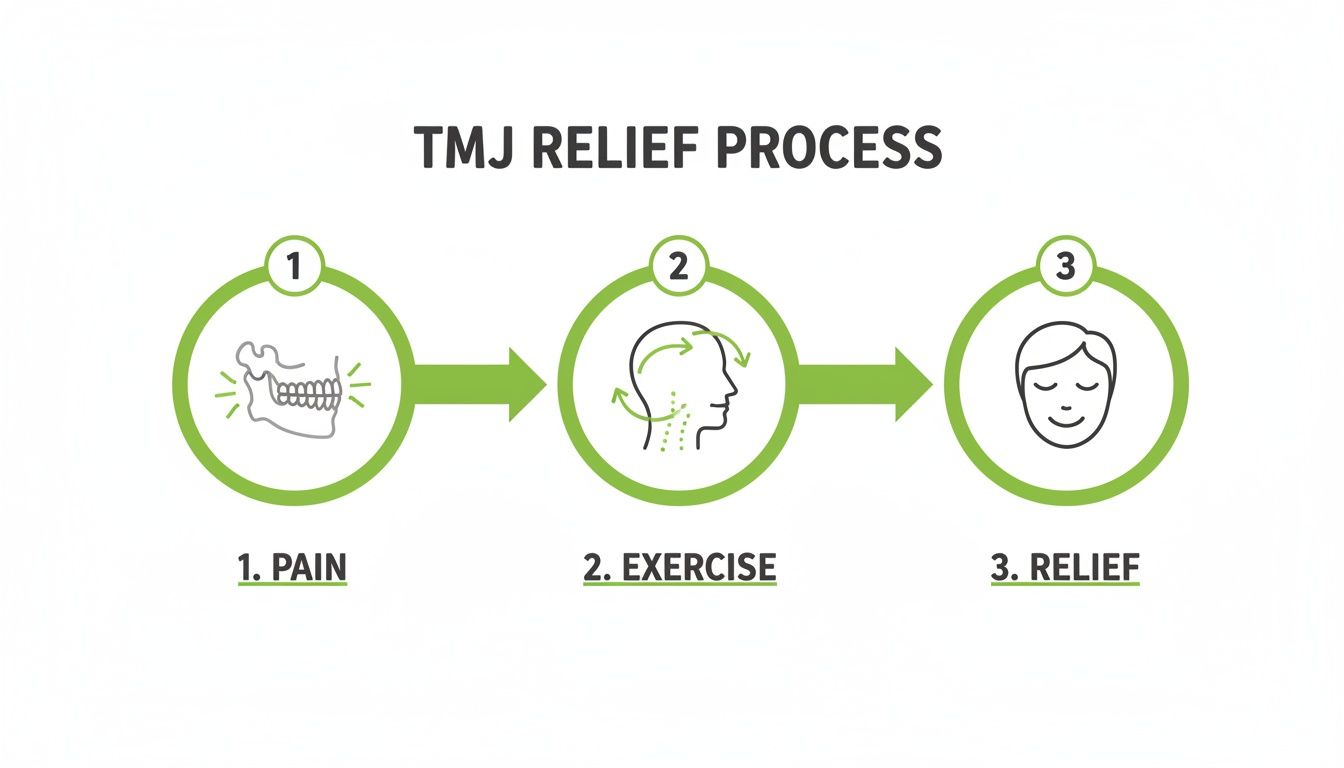 Infographic illustrating the three-step TMJ relief process: initial pain, targeted exercises, and eventual relief.