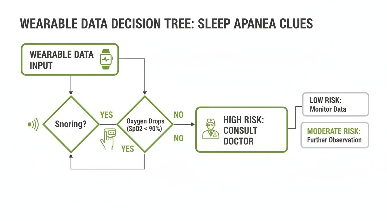 Decision tree showing how wearable data helps diagnose sleep apnea by tracking snoring and oxygen drops.