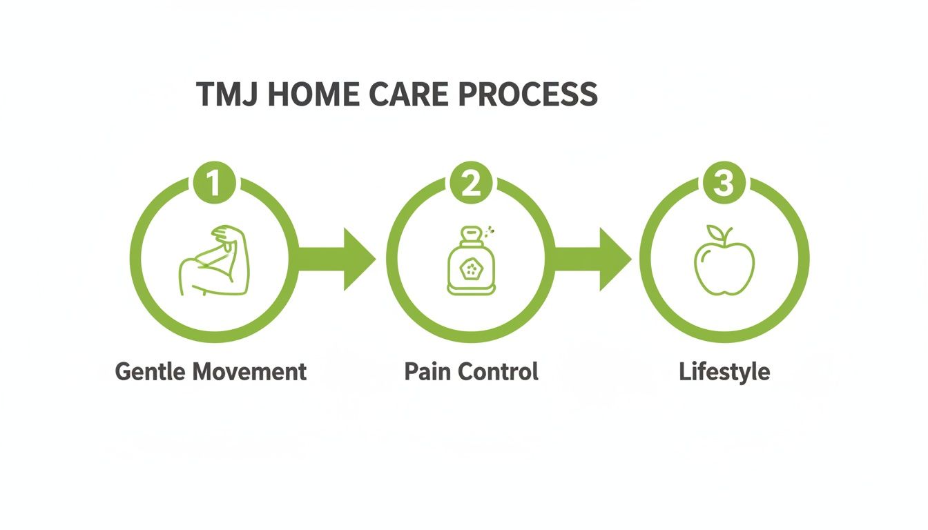 Diagram showing the TMJ home care process in three steps: Gentle Movement, Pain Control, and Lifestyle.
