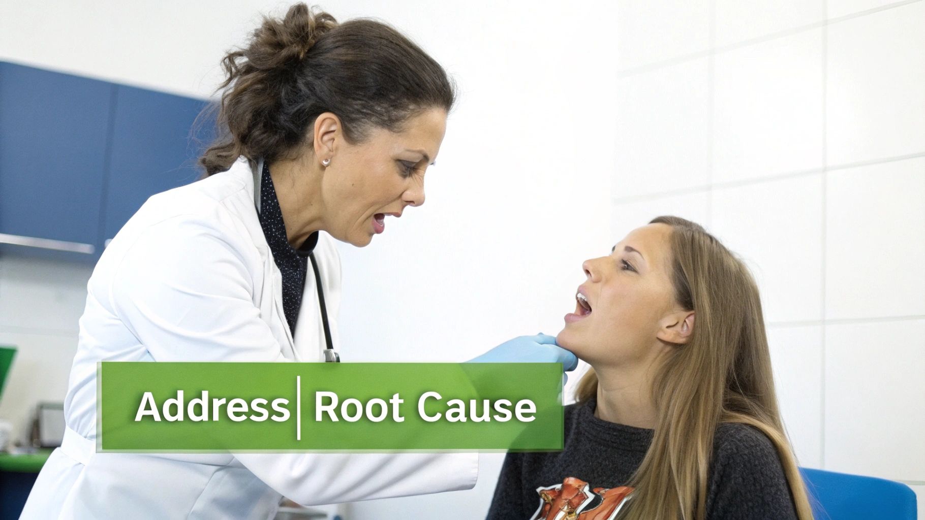 A female doctor in a white coat and blue gloves examines a patient's open mouth, focusing on the root cause.