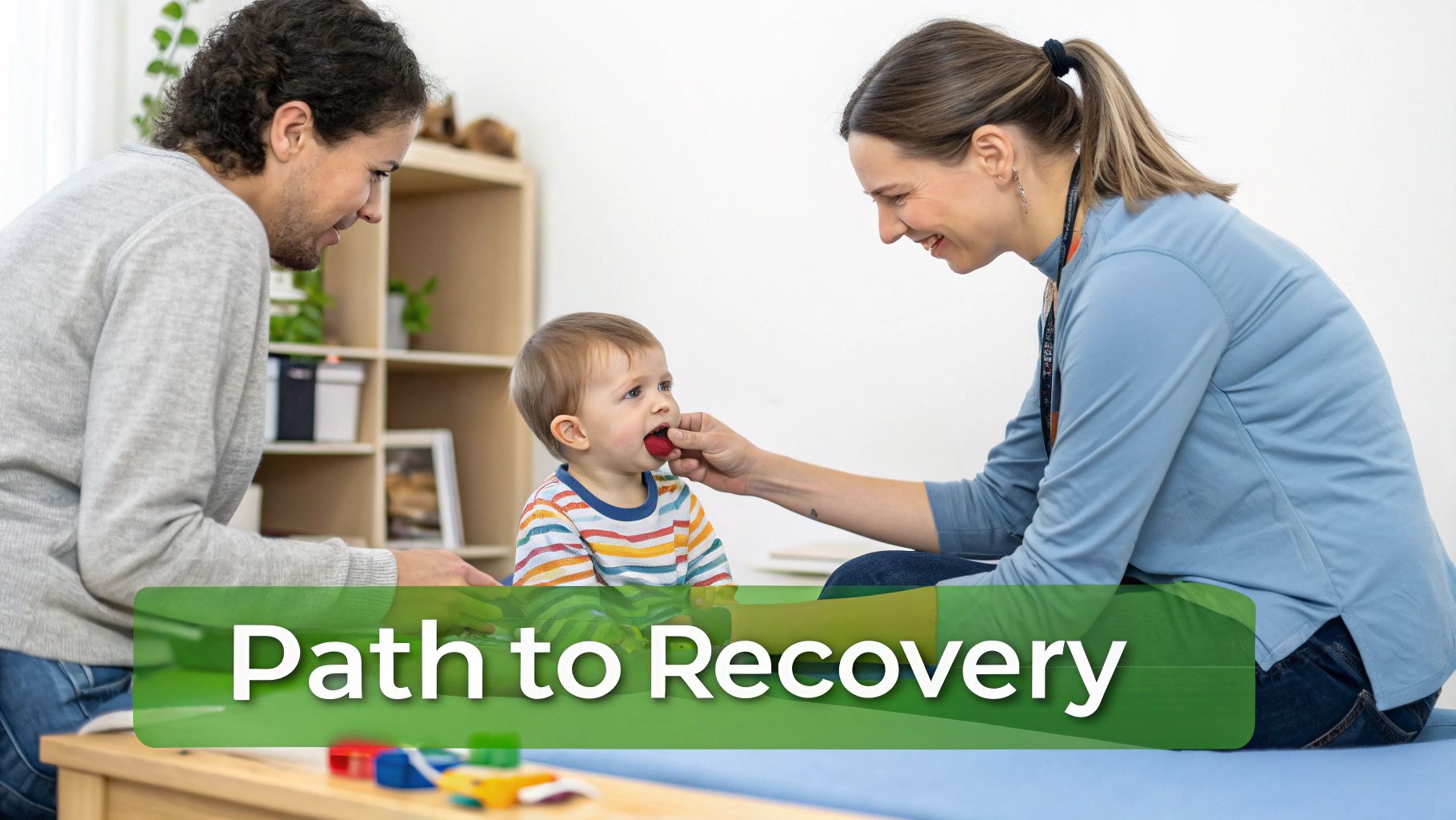A woman feeds a happy baby a strawberry, observed by a man in a supportive setting.