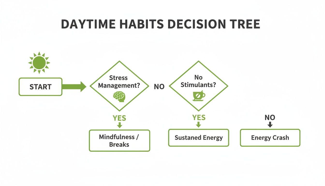 A flowchart decision tree outlining daytime habits for stress management and energy levels.