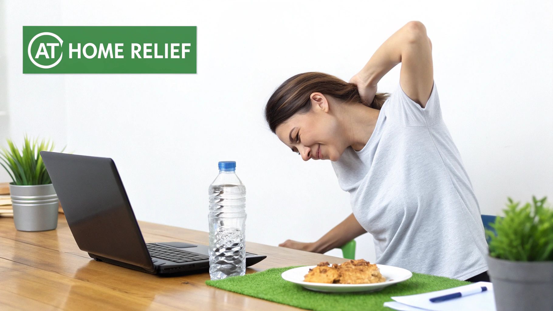 A woman experiencing neck and shoulder pain while working at her home desk, with a laptop and water bottle.