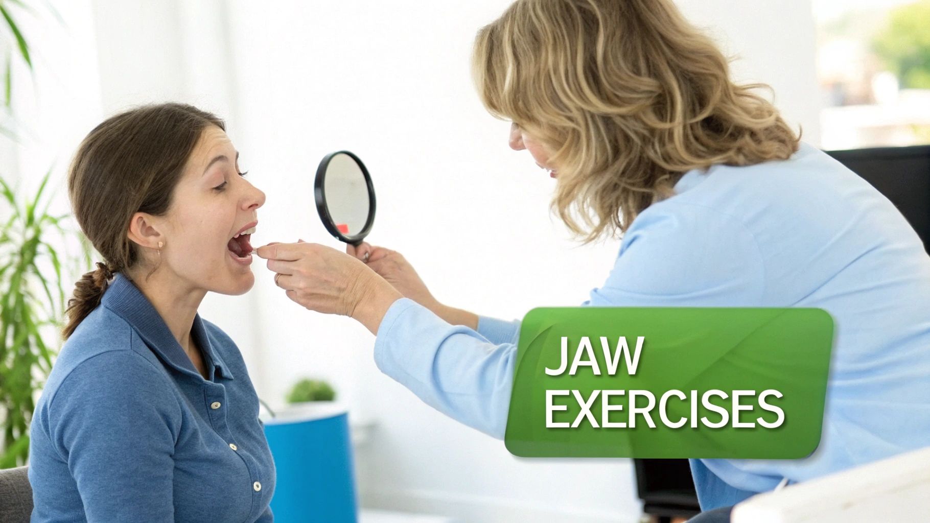 A woman performs jaw exercises with a therapist, who holds a mirror for visual guidance.
