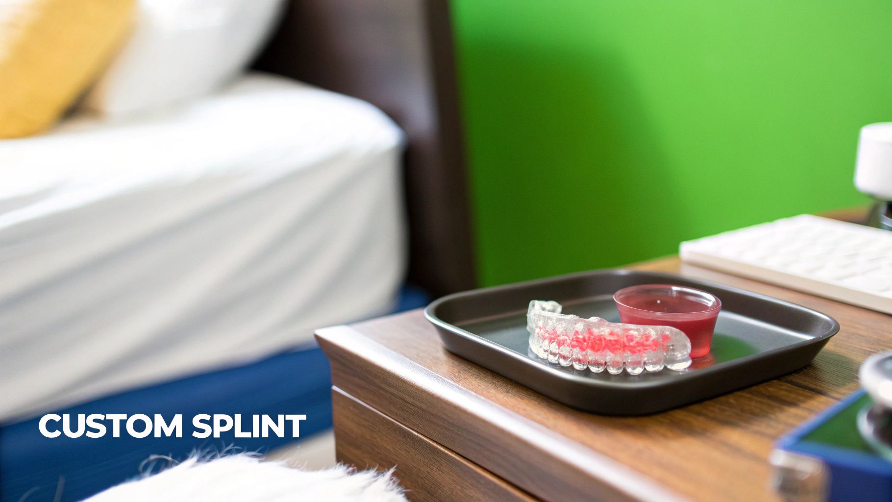 A custom clear dental splint and red liquid on a tray, next to a bed and a green wall.
