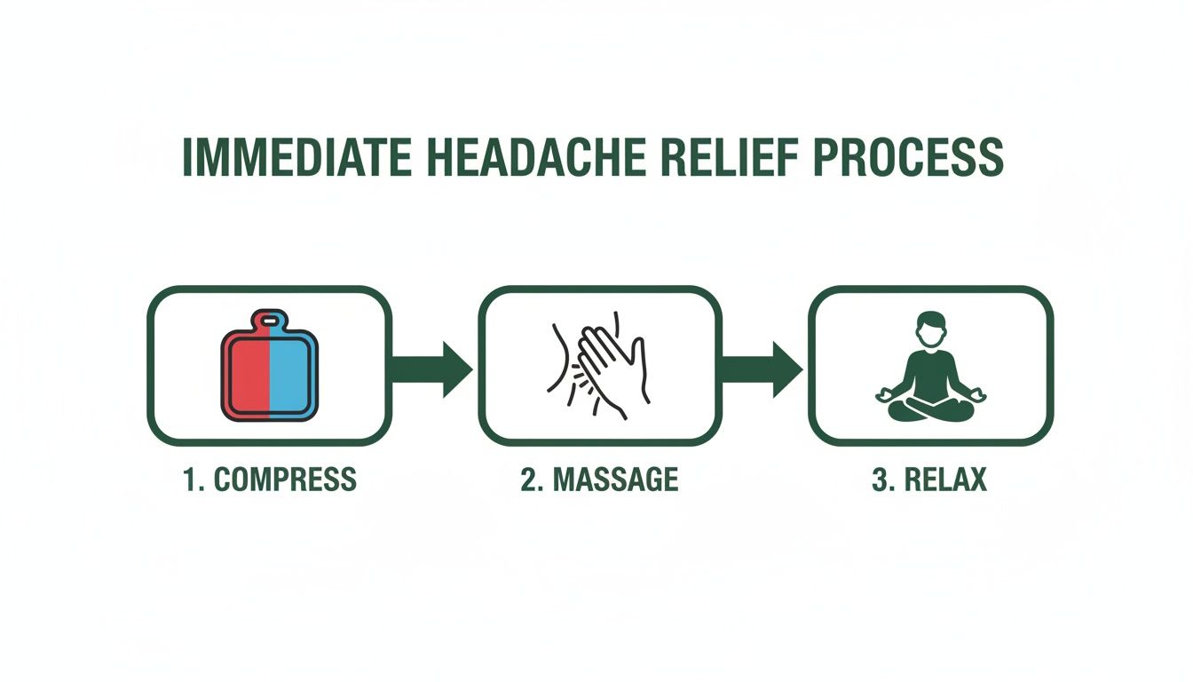 A three-step infographic illustrating the immediate headache relief process: compress, massage, and relax.