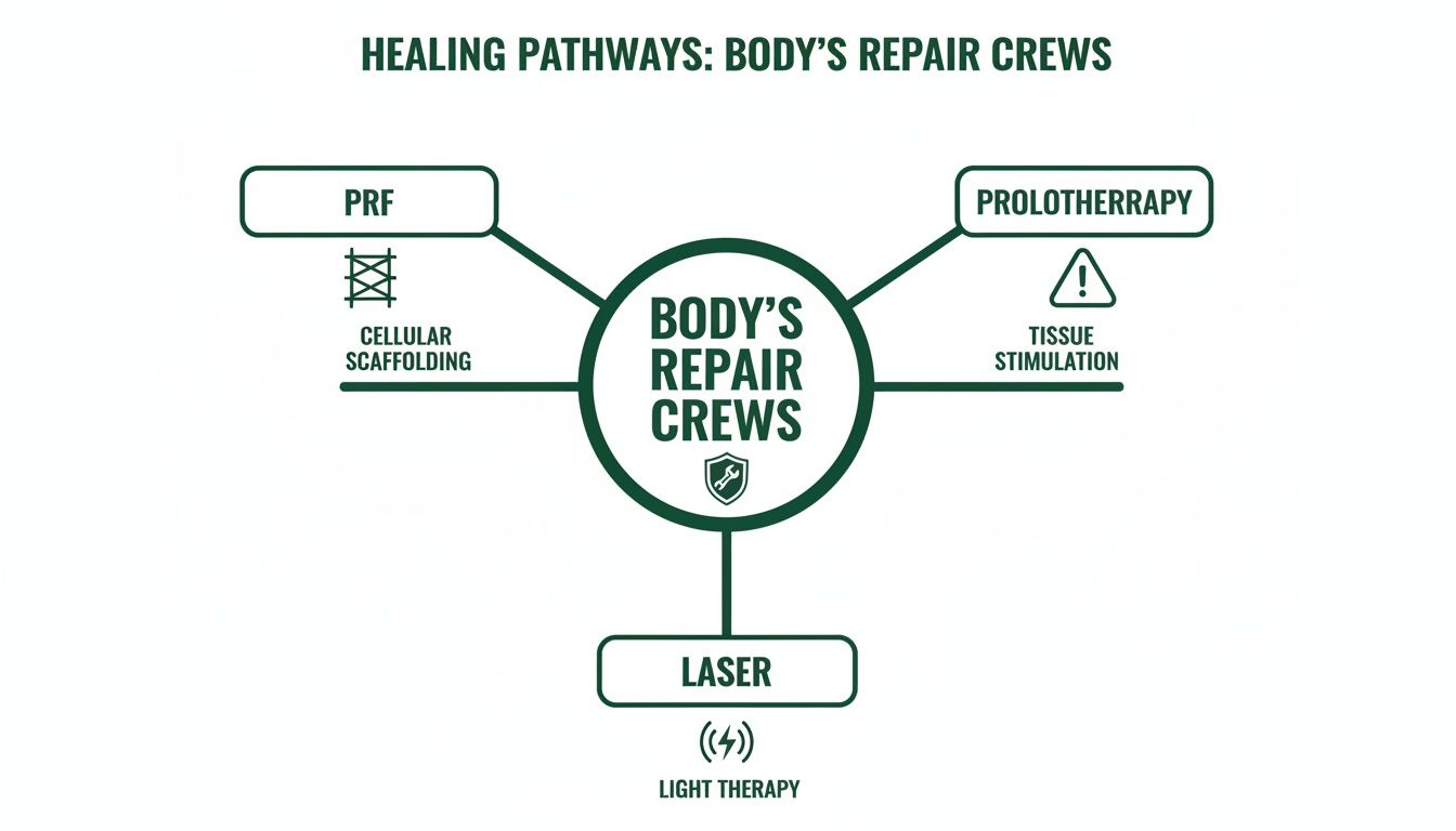 Diagram illustrating body's repair crews with PRF (cellular scaffolding), prolotherapy (tissue stimulation), and laser (light therapy).