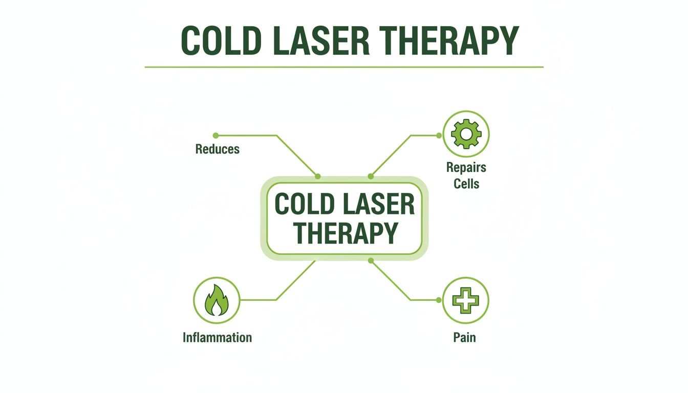 Infographic illustrating cold laser therapy benefits: reduces inflammation, repairs cells, and alleviates pain.