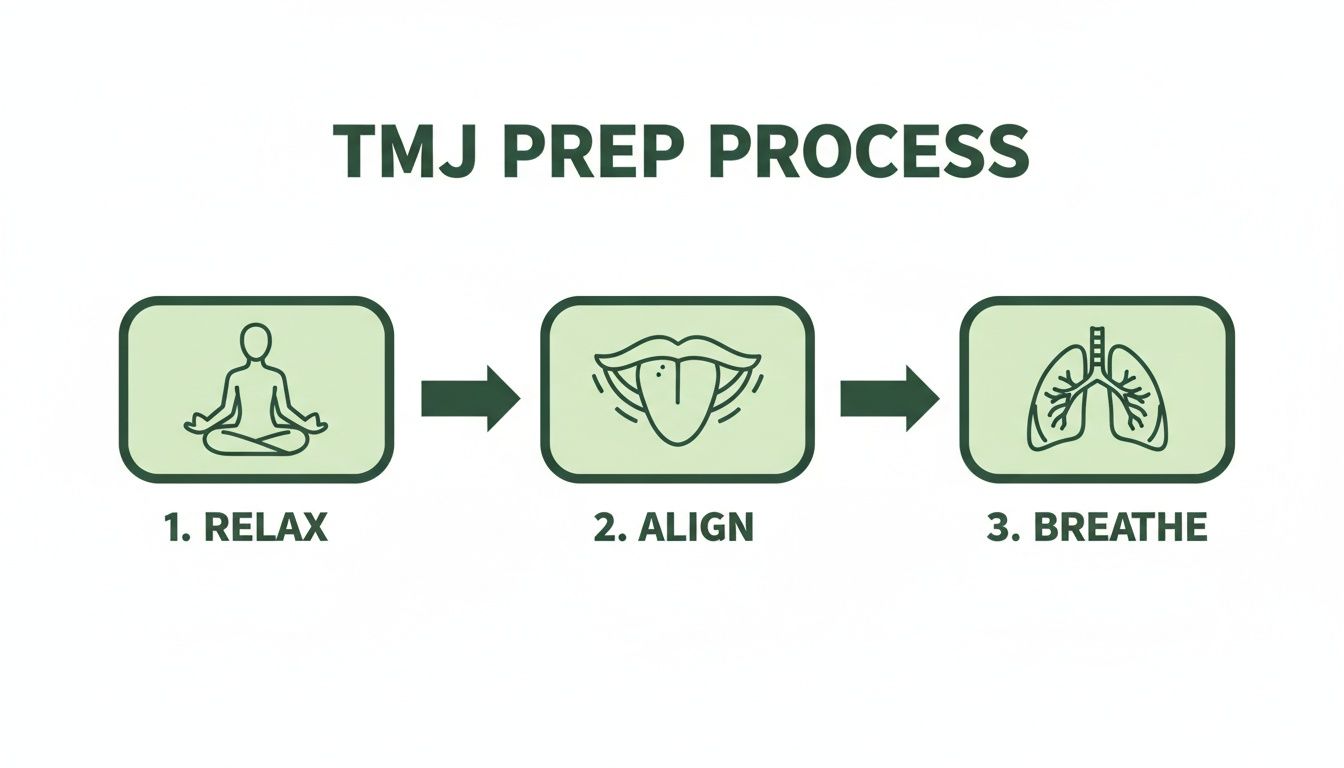 Infographic showing a three-step TMJ preparation process: relax, align, and breathe, with icons.