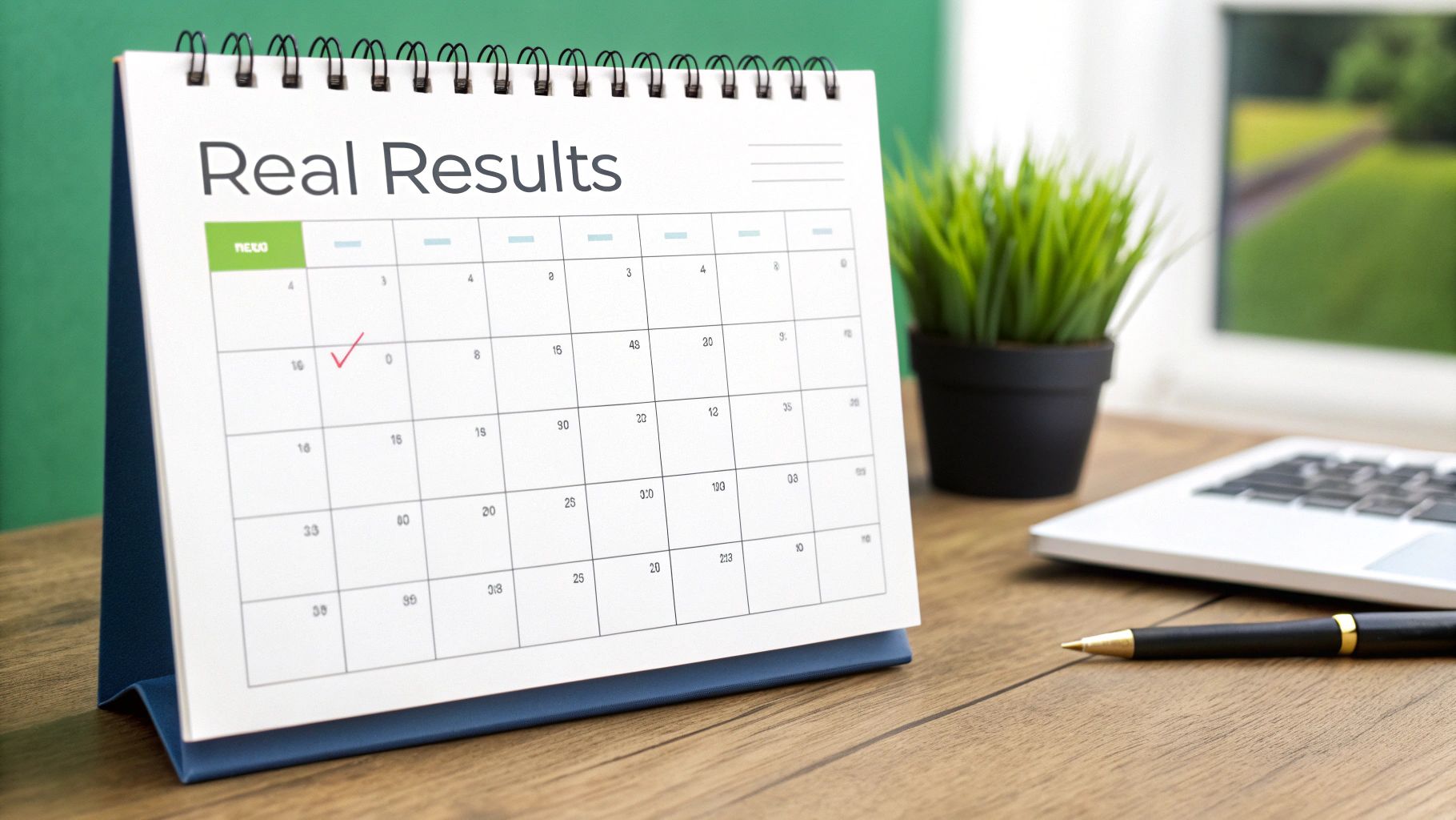 A desk calendar displaying 'Real Results' with a red checkmark on a date, on a wooden desk.