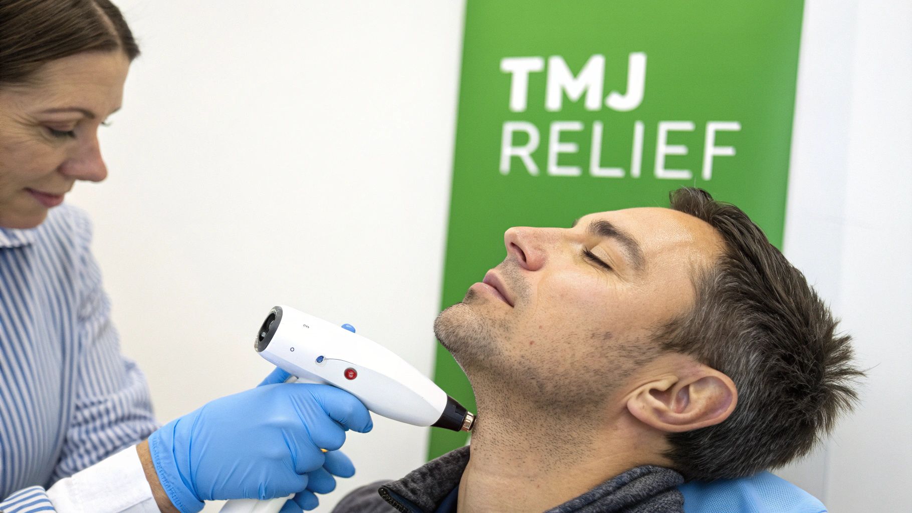 A therapist uses a cold laser device on a man's neck for TMJ pain relief.
